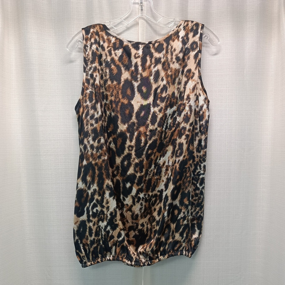 Brina & Em Womens L Leopard Print Ruffle Bubble Hem Sleeveless Blouse Tannin NWT - Picture 5 of 6